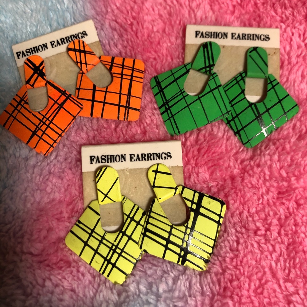 Vintage 80’s Earrings - Bright Neon Plaid - 3 pair